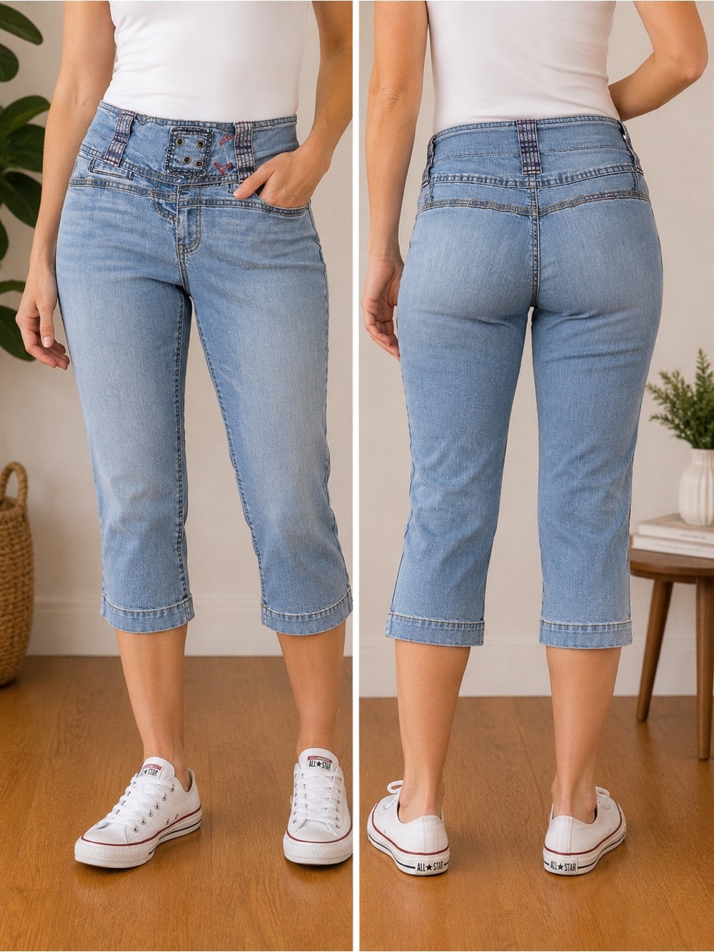 Apollo Jeans Capri Cropped Stretch women Jeans Size 7/8 Light Wash Unique Waist
